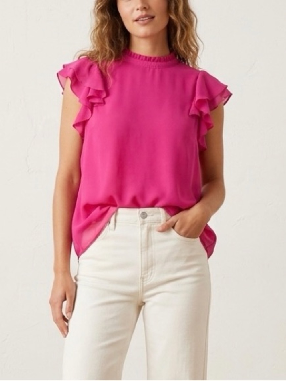 DKNY Sleeveless Ruffle Silky Chiffon Blouse in Hot Pink